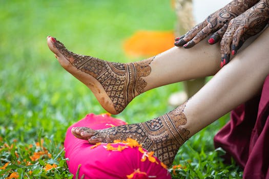 pexels-photo-31381693-31381693 Close-up of intricate mehndi designs on a woman's feet, resting on grass during an outdoor event.